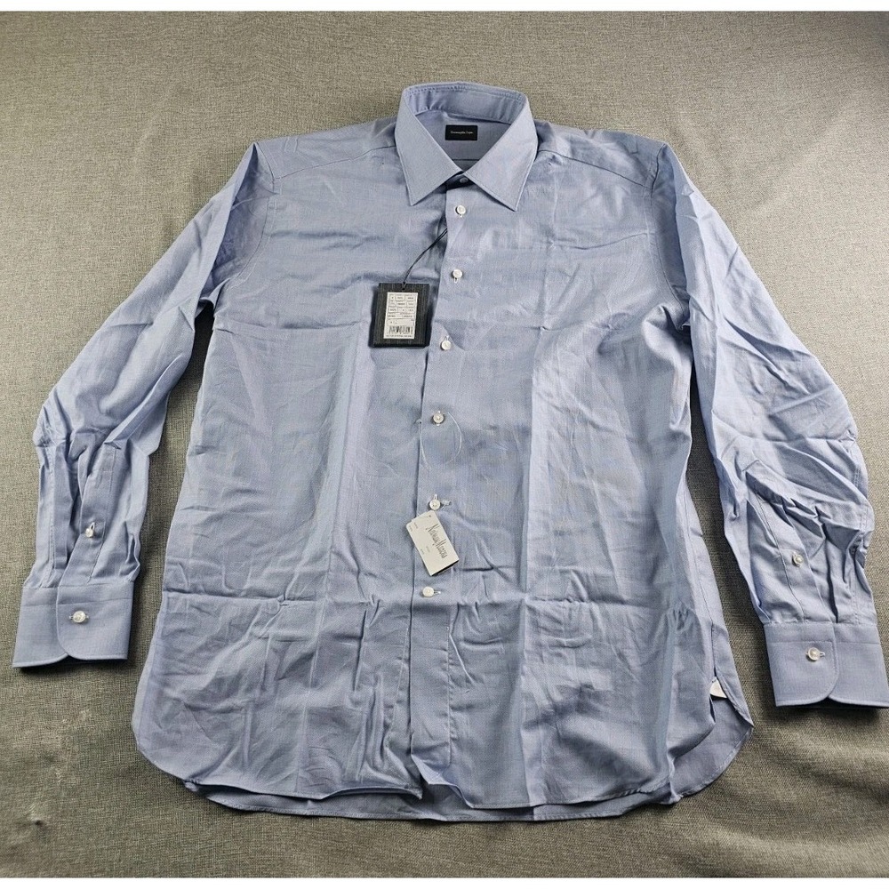 Ermengildo Zegna Shirt Mens 17.5 44 Blue Sharkskin Regular Button Up Long Sleeve